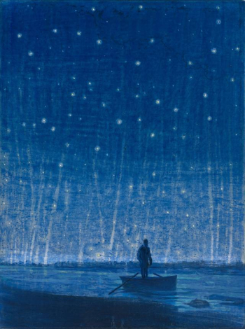 Barry McGlashan (British, 1974), The Ferryman, 2025. Oil, paper and varnish on panel, 40 × 30 cm.